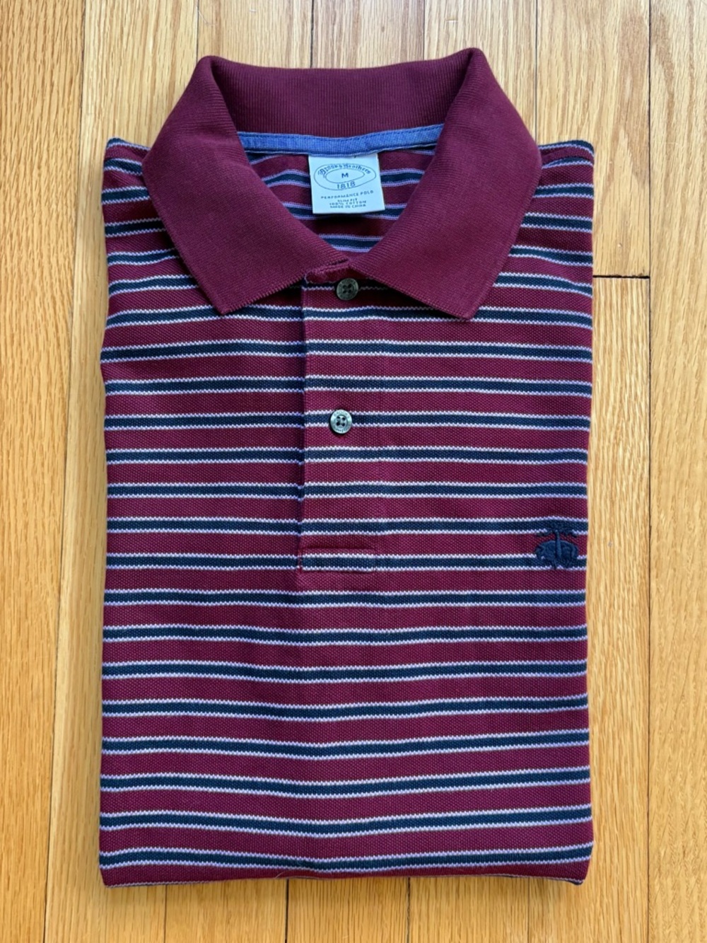 Brooks Brothers Men’s Short Sleeve Polo Shirt Slim Fit Medium Maroon Blue Stripe
